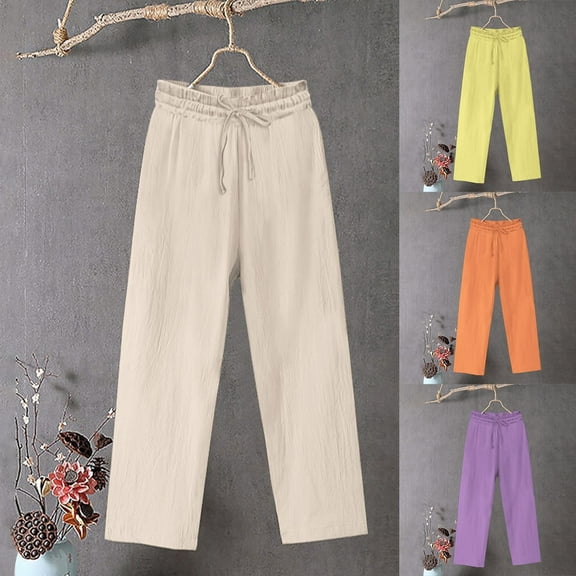 Dazajoo Women's Cotton Linen Pants Casual Elastic Drawstring Straight Leg Pants 2026 Summer Beach Pants Trousers with Pockets,Beige,XXXL