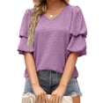 thumbnail image 3 of Giftesty Women's Summer Solid Color Double Puff Sleeve Blouses Summer Half Sleeve Dot Tops V Neck T-Shirts Blouse, 3 of 8