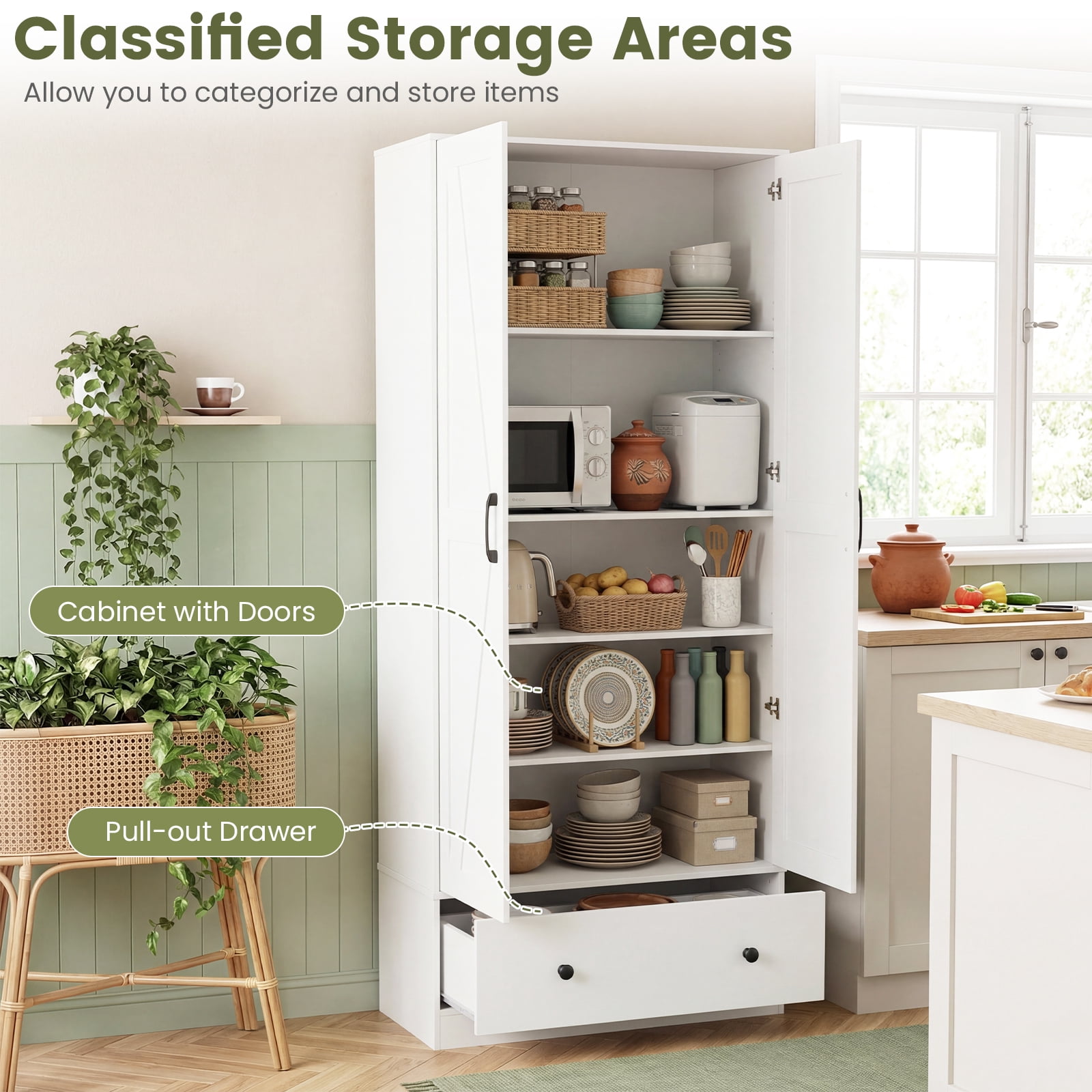 Costway 72" Tall Kitchen Pantry Cabinet, Farmhouse Wooden Cupboard with 2 Doors, Drawer White