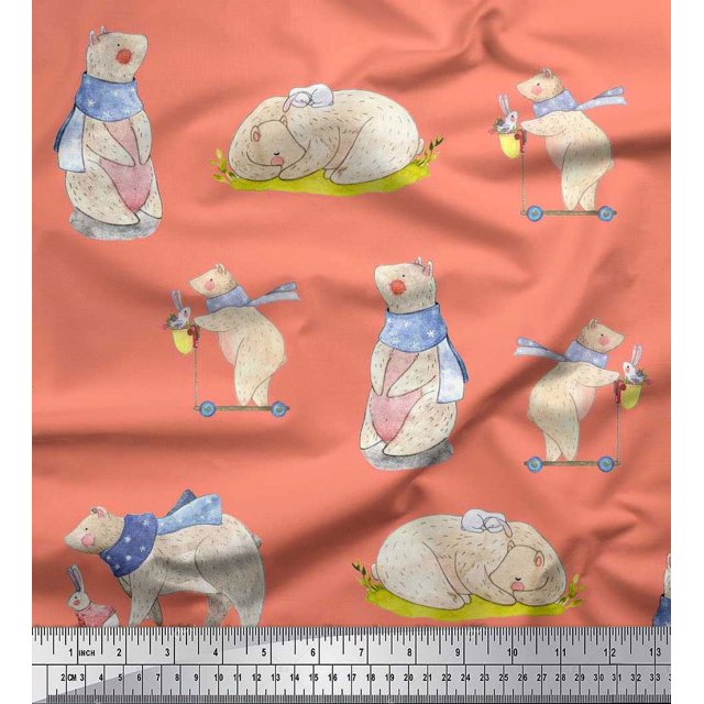 Soimoi Cotton Poplin Fabric Cycle,Rabbit & Bear Kids Print Sewing Fabric Yard 42 Inch Wide
