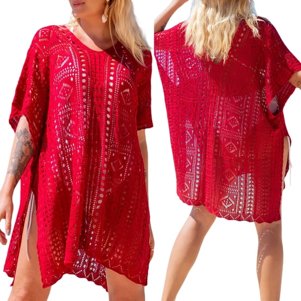 Txlixc Vestido de bikini para mujer, vestido de playa transparente hueco de manga corta con cuello en V liso Txlixc Sexy