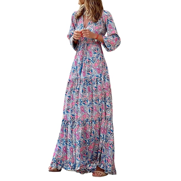 Txlixc Vestido casual para mujer, cuello en V, manga larga, estampado, dobladillo grande, estilo bohemio, cintura elástica, vestidos Txlixc Moda