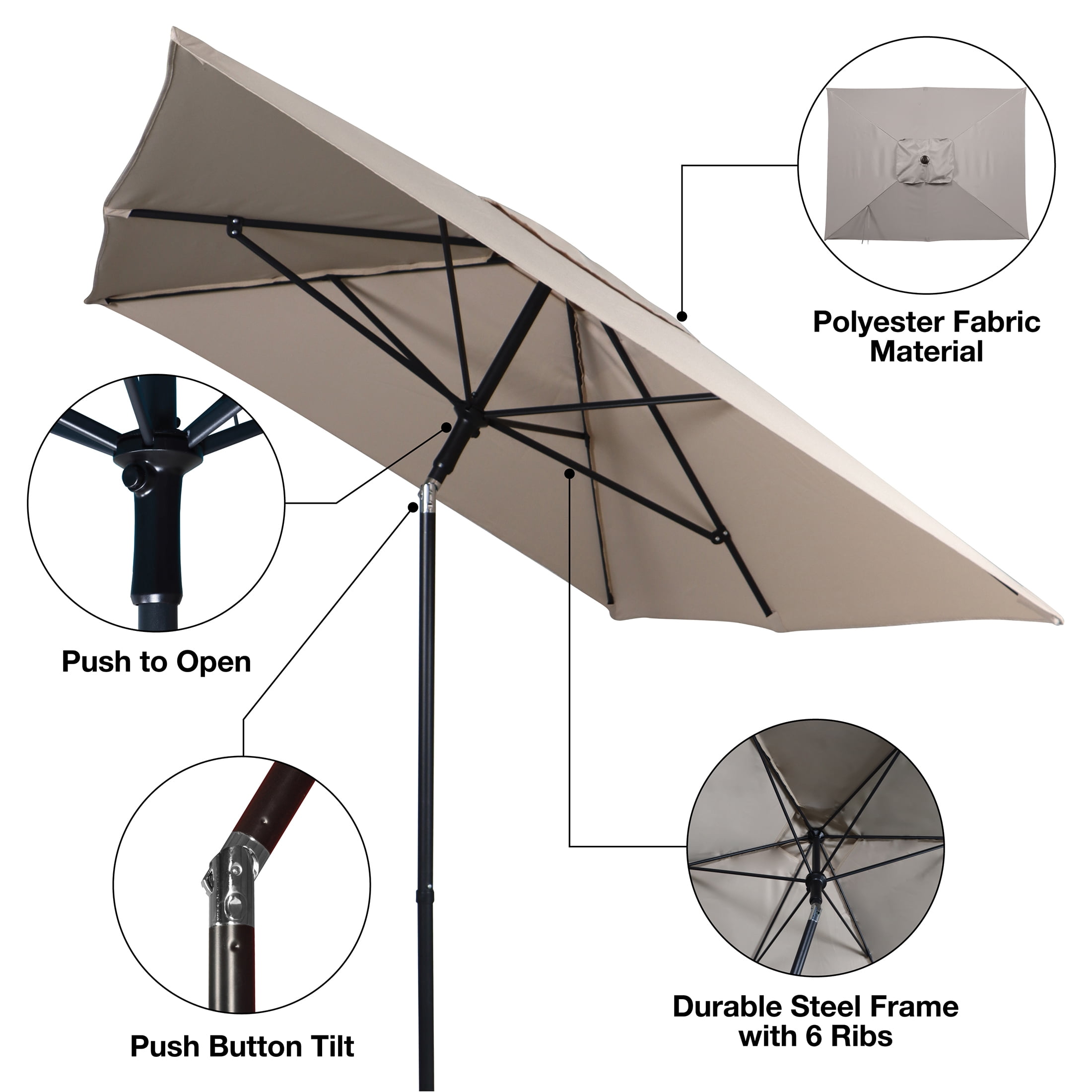 (2 pack) Mainstays 6 x 7.5' Tan Rectangular Patio Push Up Umbrella, Adjustable Tilt