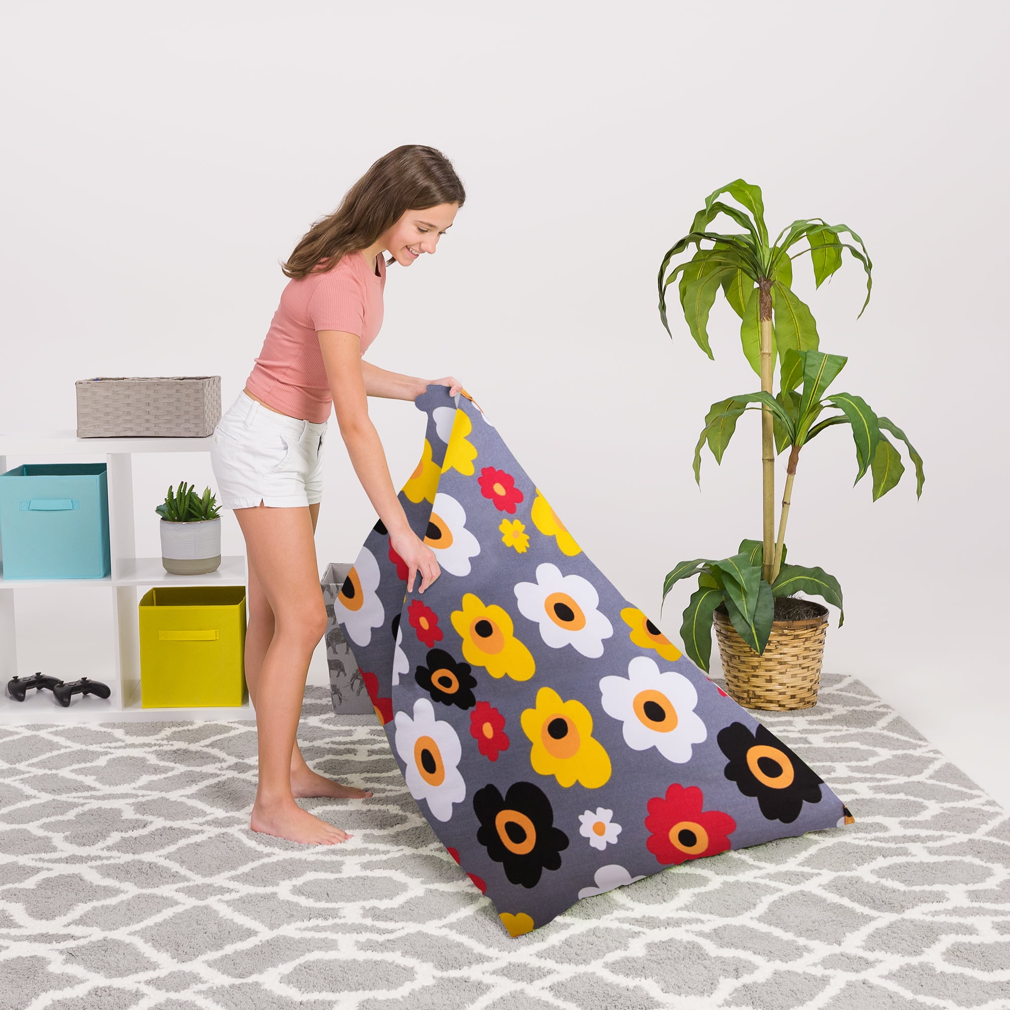 Posh Creations Twist Bean Bag Chair Lounger, Large, for Kids, 4 ft, Canvas, Gray Floral