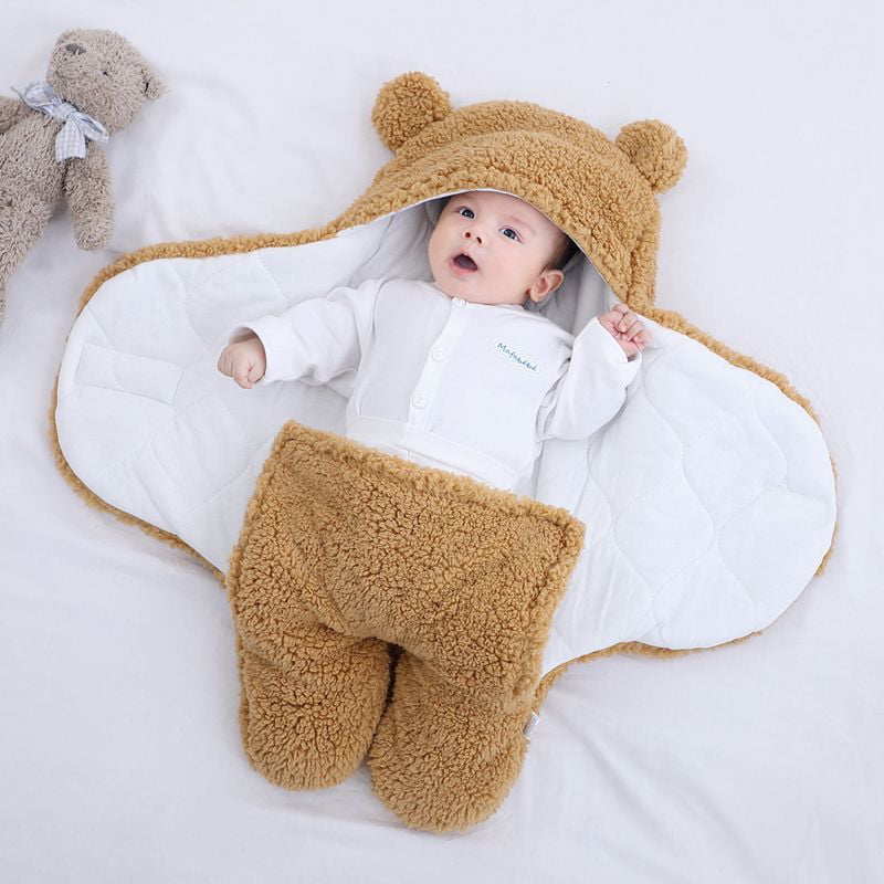 Newborn Baby Swaddle Blanket Wrap Winter Infant Soft Plush Warm Hooded Wrap Sleeping Bag for Infants 3-6 Months Old Baby Girls Boys