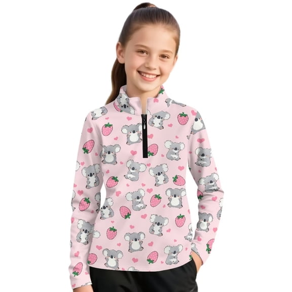 Psesaysky Girls' 1/4 Zipper Sweatshirts Lovely Koala Strawberry Print Casual Breathable Long Sleeve Pullover Tops Cute Half Zipper Hoodie Sweater Athletic Shirts 8-9 Years