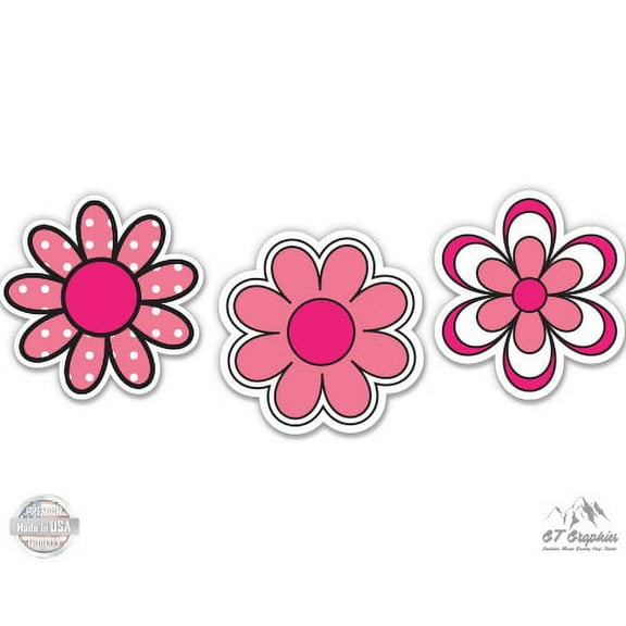 Pink Flowers Cute Simple Hippie Design - 2" each Vinyl Stickers - For Car Laptop I-Pad Phone Helmet Hard Hat - Waterproof Decals