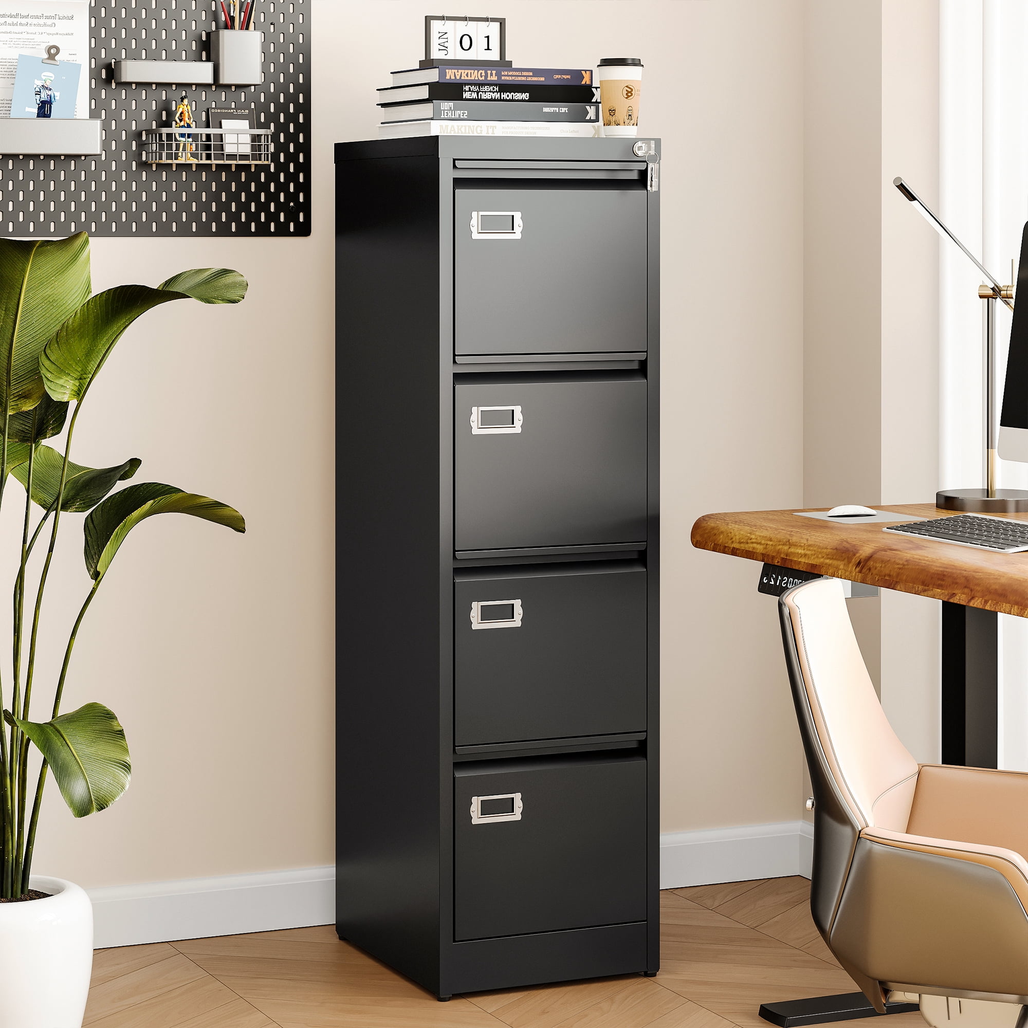 AUHUP 4 Drawer Metal File Cabinet with Lock, Black Vertical Filing Storage Cabinet for Home Office