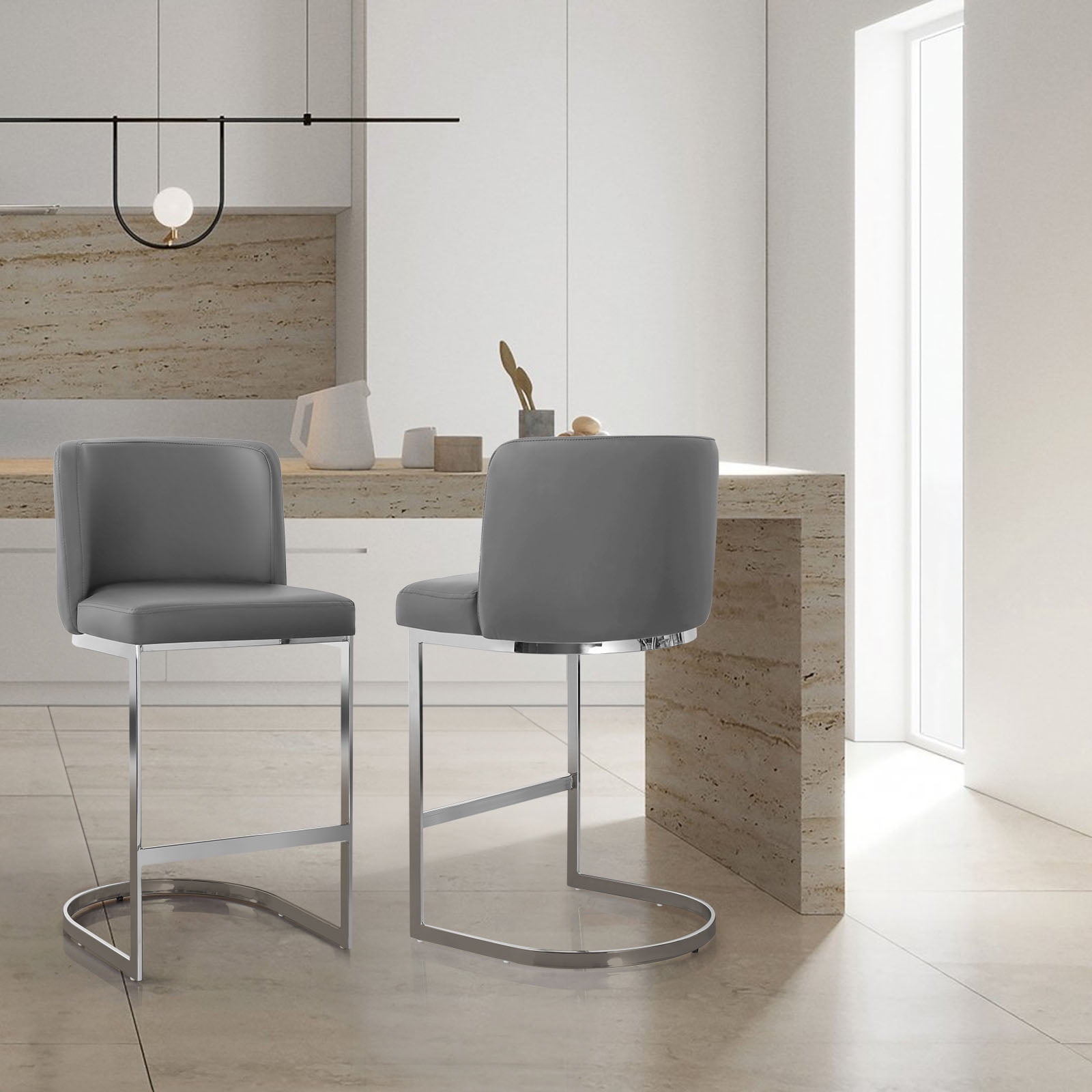 Modern Counter Height Bar Stools Upholstered PU Leather Bar Chairs, Set of 4, 26" with Back and C-Shaped Metal Frame Island Stools for Home Bar Kitchen Pub