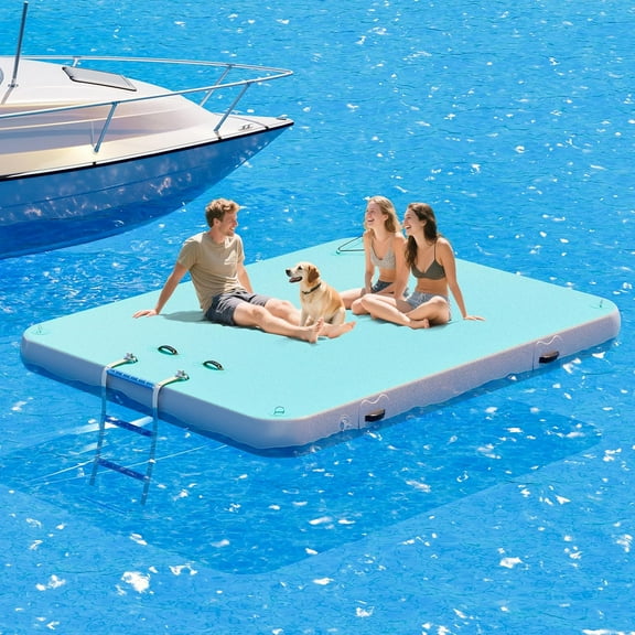 Jocisland 8x6 ft Inflatable Floating Dock with Non-Slip Surface, Detachable Ladder, Multi-Person Swim Platform for Pool, Beach, Ocean, Mint Green Gray