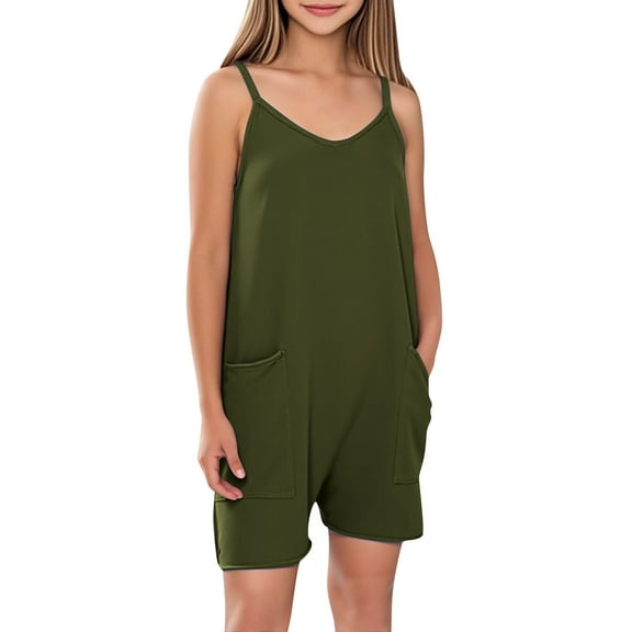 ZACPNCV Girls Sleeveless Jumpsuits V Neck Spaghetti Strap Romper Shorts with Pockets Casual Stretchy Short Overalls for Kids Olive Green 9-10 Years