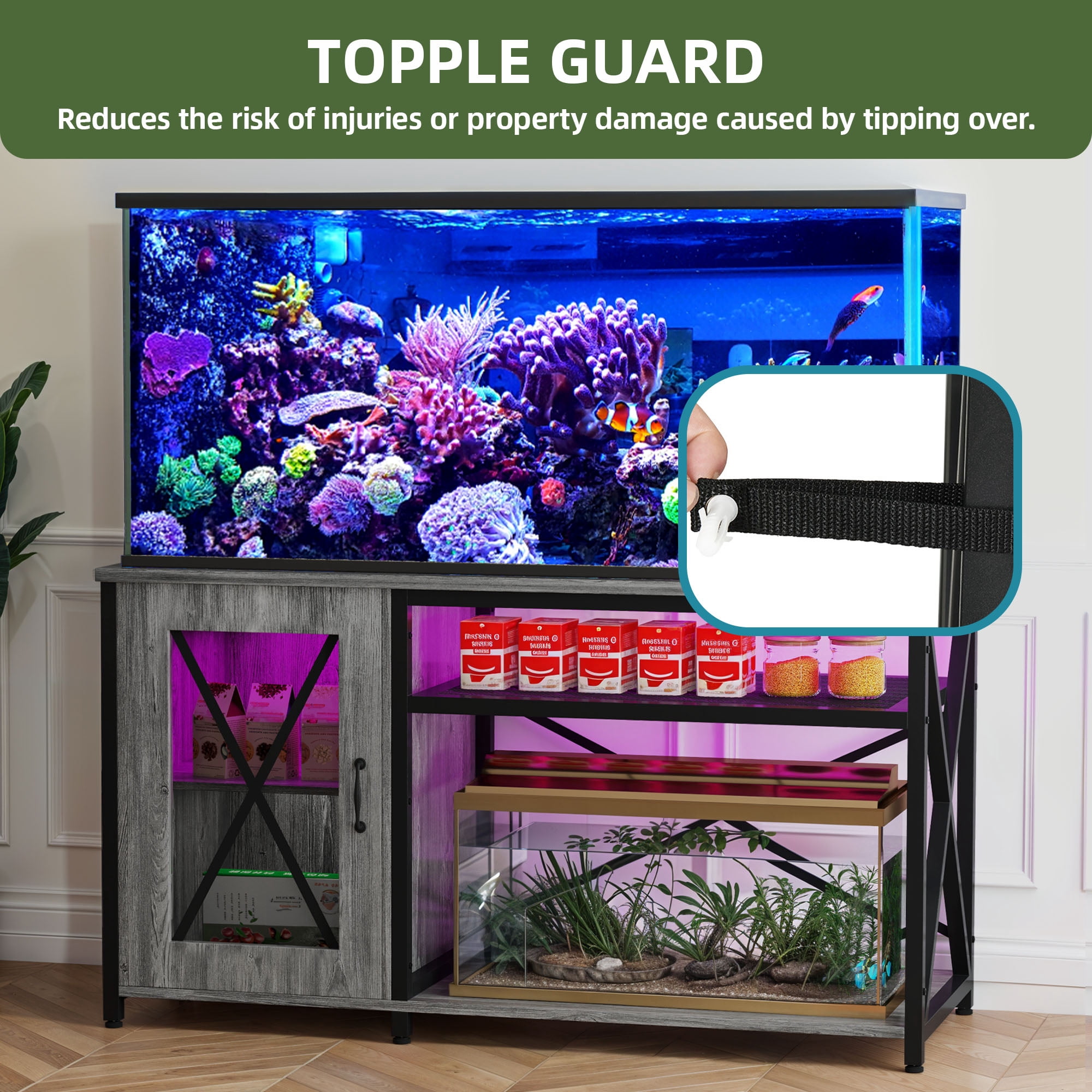 Uforic 55-75 Gallon Fish Tank Stand/Aquarium Stand with LED Lights and Power Outlets - Gray