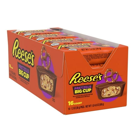 REESE'S, Big Cup Stuffed with Pretzels Milk Chocolate Peanut Butter Cups Candy, Gluten Free, 1.3 oz, Packs (16 Count)