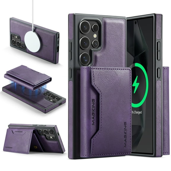 Detachable Wallet Compatible with Magsafe Wireless Charing for Samsung Galaxy S24 Ultra Case with Card Holder Magnetic Snap, RFID Blocking Kickstand 2 in 1 Shockproof Case for S24 Ultra, Purple