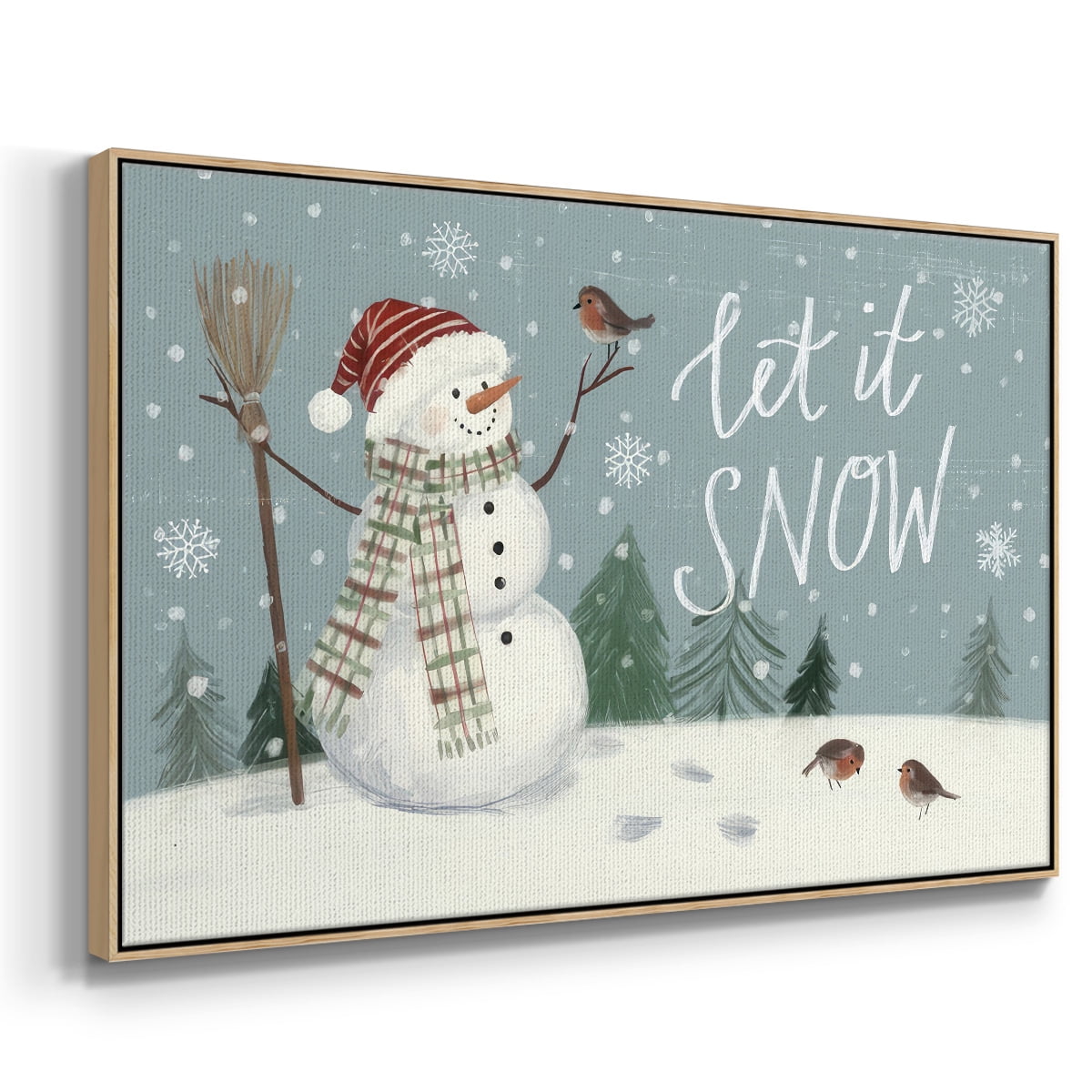 Jolly Snowman Collection A - Framed Gallery Wrapped Holiday Canvas - 27 x 41 - Natural Wood Frame