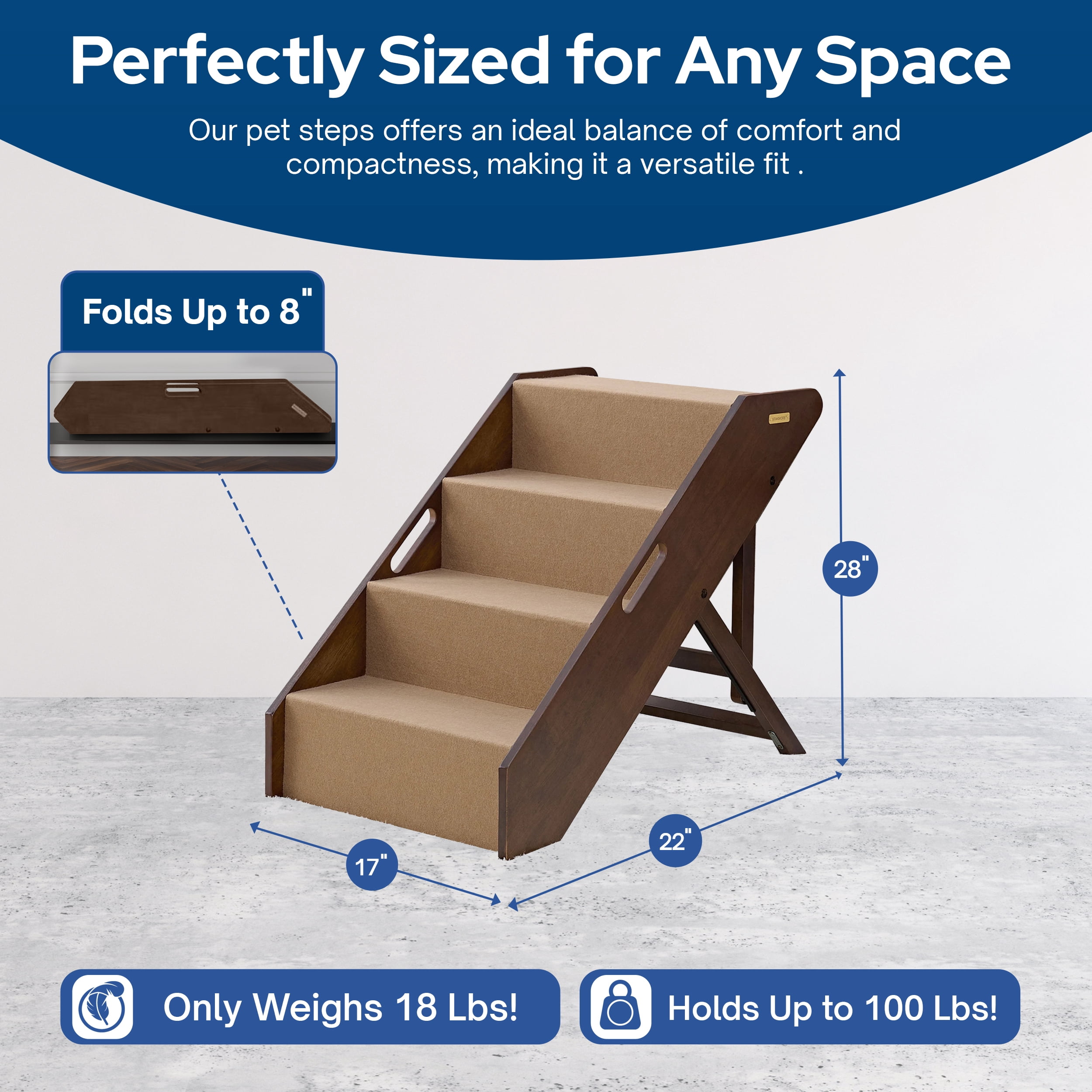MECO Stakmore Foldable Pet Steps with Hardwood Construction, Espresso w/Brown Felt
