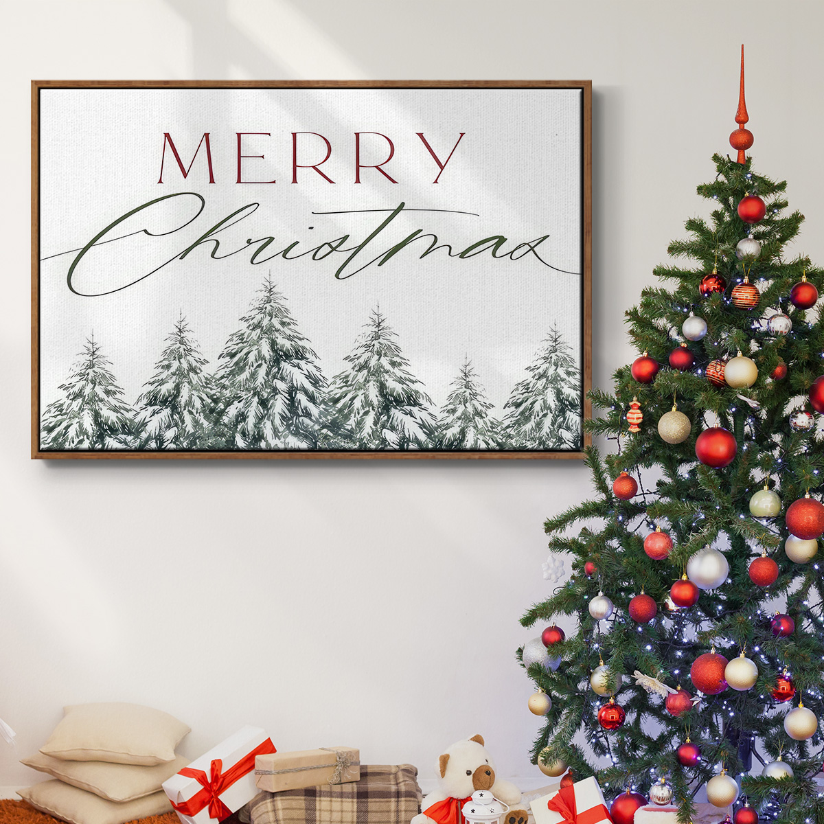 Merry Christmas Trees - Framed Gallery Wrapped Holiday Canvas - 27 x 41 - Rosewood Frame