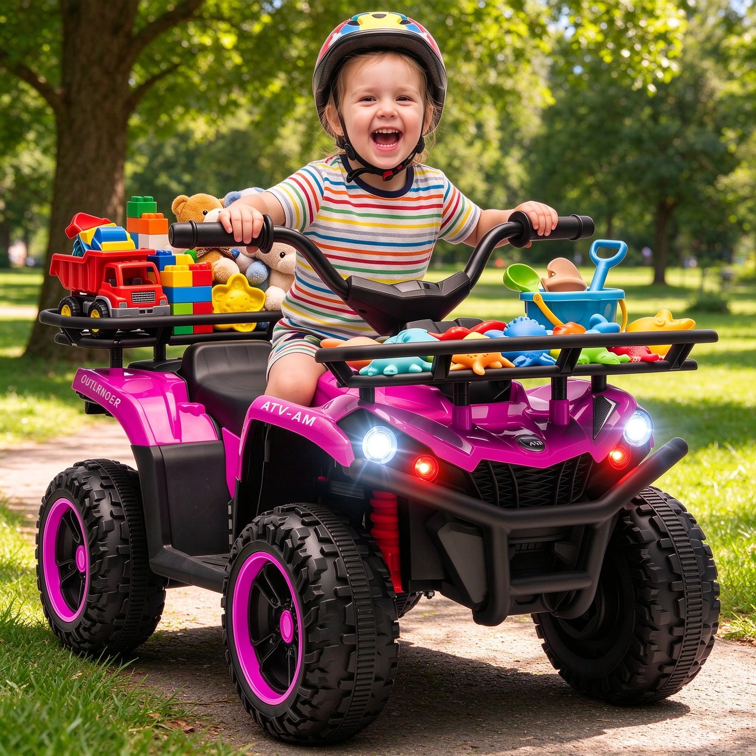 EDOEMSE Fun 24V Ride on ATV, 4 Wheeler for Kids with Dual Motors, Soft Start, Battery Display, Music, Lights for 3-8 Years, Pink