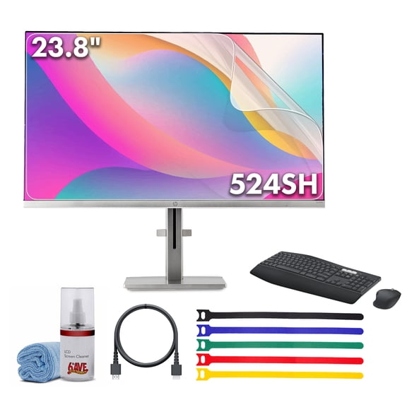 HP Series 5 524SH Monitor 24" FHD IPS 300 Nits Display Bundle Including: Logitech MK850 Wireless Keyboard and Mouse Combo 3x HDMI Cable Surge Protector Cable Ties Screen Cleaning Kit Screen Protector