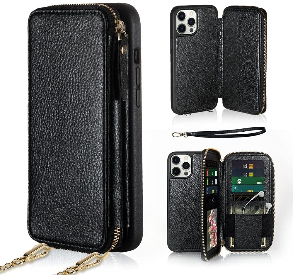 ZVE iPhone 12 Pro Max Case Black iPhone 12 Pro Max Wallet Case with Card Holder Slot Crossbody Chain Handbag Purse Wrist Strap Zipper Leather Case Cover for Apple iPhone 12 Pro Max,6.7 inch 