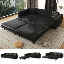 92.1'' King Pull out Sofa Bed, Convertible Futon Couch, 3-in-1 Faux Leather Sleeper Sofa with Tufted Back, 2 Pillows, Gold Legs, Deep Folding Loveseat Couches for Living Room, Apartment, Black