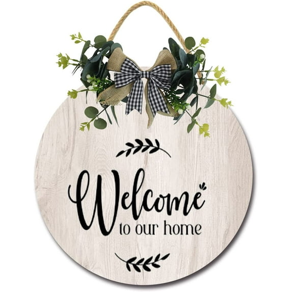 Eveokoki 11" Welcome Sign for Front Door for Farmhouse Porch Decorations, Rustic Welcome Wreaths Sign with Stapled Greenery, Round Wooden Hanging Sign Housewarming Gift for Home