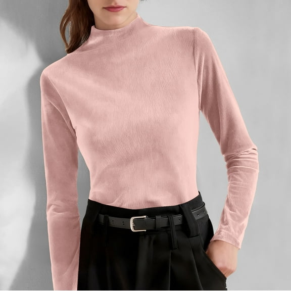 Velvet Tops for Women Mock Neck Sweater Long Sleeve Shirts Slim Fit Pullover T-Shirts