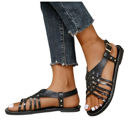 

IUJSOY Women s Flat Slide Sandals with Adjustable Buckle Strap Crossover Strap Fashion Summer Sandal