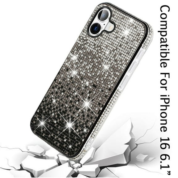 For Apple iPhone 16 (6.1") Glitter Bling Ultra Thin TPU Sparkle Diamond Rhinestone Shiny Full Cover Crystal Stones Back Cover ,Xpm Phone Case [ Black ]