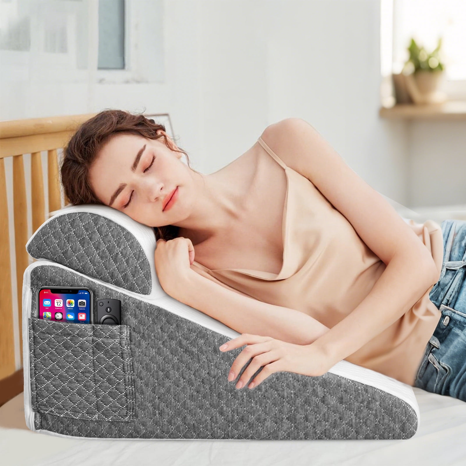 AMTPM Bed Wedge Pillow, Memory Foam Triangle Pillow for Sleep Apnea, Acid Reflux, Snoring, 12Inch Leg Elevation, Back Support for Sitting Up in Bed, Incline Cushion for Sleeping, Reading