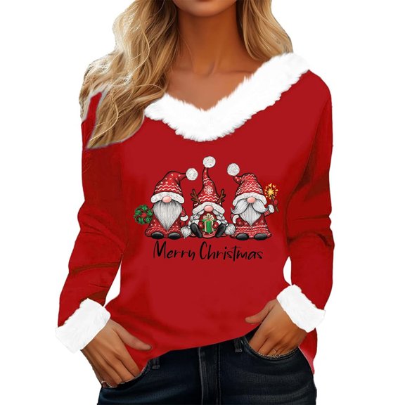 Women Christmas Outfit Women's Christmas Printed V-Neck Long Sleeve T-Shirt Top with Collar for Holiday Festive Seasonal Outfit Red 2XL