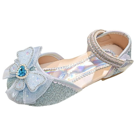 

JDEFEG Girls Dress Shoes Girls Sandals Fashion Pattern Cute Bow Decoration Love Bright Diamond Versatile Flat Bottom Comfortable Hook Loop Princess Shoes Blue Size 26