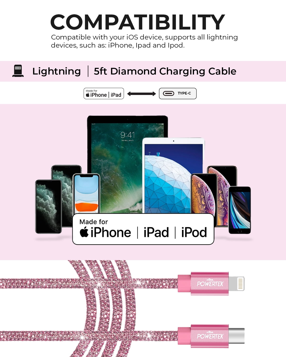 Liquipel Powertek USB C Lightning iPhone Charger Cable [MFI Certified], Fast Charging 6ft USB C to Lightning Cord, Diamond Shine Pink