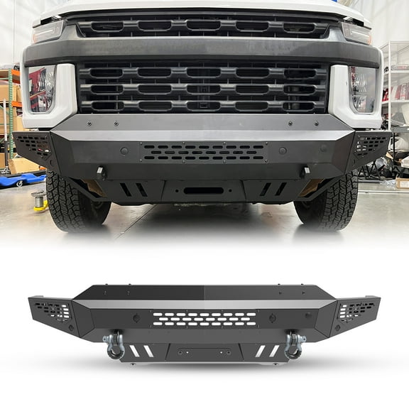Front Bumper for 2020-2024 Chevy Silverado 2500/3500/2500 HD/3500 HD,Steel Front Bumper & Side Wings w/ 2 LED lights & D-Rings