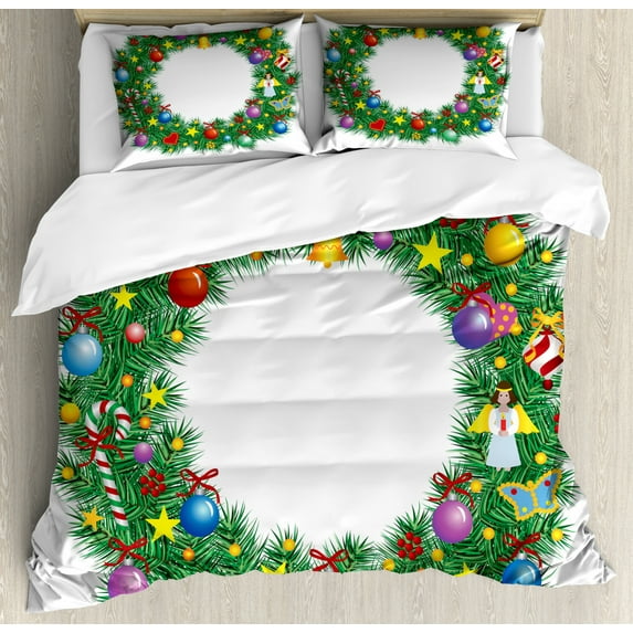 Letter O Duvet Cover Set Queen Size, Christmas Wreath Festive Display of Capital O Circle with Celebratory Elements, Decorative 3 Piece Bedding Set with 2 Pillow Shams, Multicolor, by Ambesonne