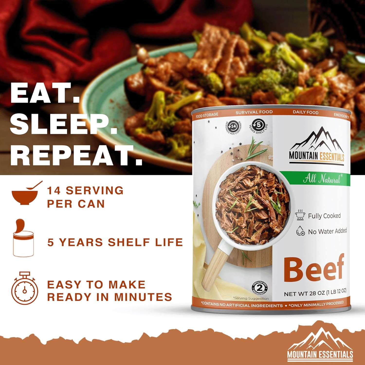 (Pack of 1) MOUNTAIN ESSENTIALS All Natural Fully Cooked Ready to Eat Canned Beef 28 Oz Gluten Free | No Carbs | No Water Added | No Artificial Ingredients