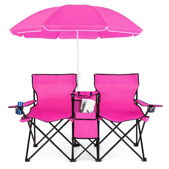 Costway Portable Folding Picnic Double Chair with Umbrella Table Cooler Beach Camping Chair Pink