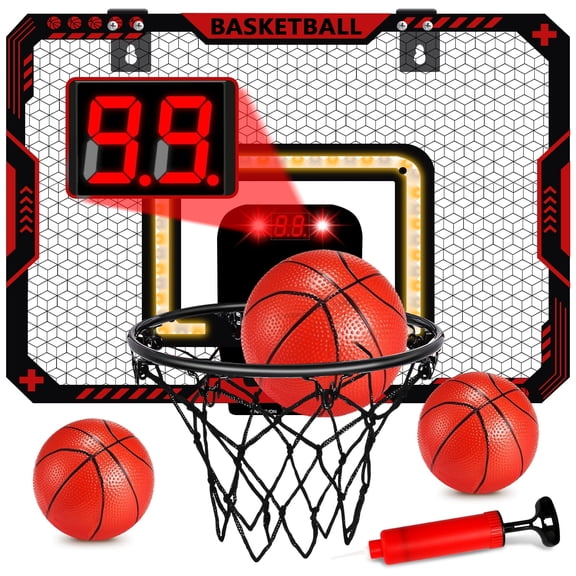 Jaawind Basketball Hoop for Kids, Indoor over the Door Mini Basketball Hoops with LED Lighting and Sounds, Electronic Scoreboard and 3 Balls, Basketball Toys Gifts for Boys Girls-Red