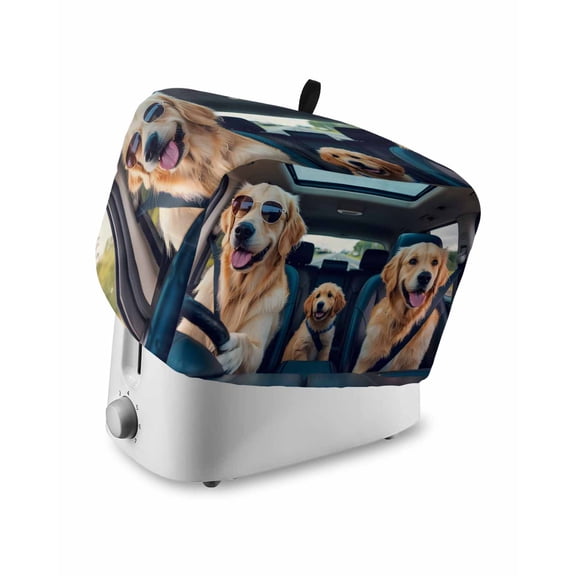 Summer Funny Toaster Cover 4 Slice, Modern Driving Dog Print Dustproof Bread Machine Oven Cover with Storage Pockets, Fits Most Kitchen Toasters Protector