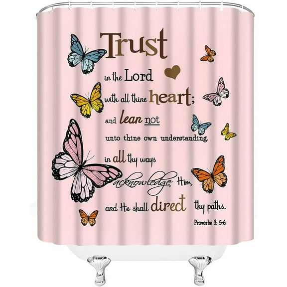 Inspirational Quote Trust in The Lord Shower Curtain Butterfly Motivational Words Romantic Modern Bathroom Decor Fabric Curtain with Hooks
