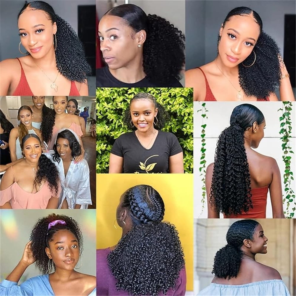 Deep Wave Ponytail Extensions for Black Women Human Hair Drawstring Pony Tail Natural Black Clip in Curly Hair Piece