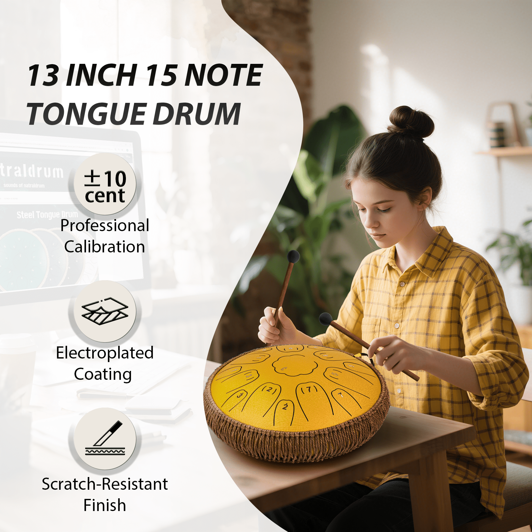 Tongue drum 13 Inch 15 Notes Tongue Drums, C Key Handpan Drum Instruments for Kids Adults, Steel Drum with MusicBook, Drum Mallets and Carry Bag (Gold)