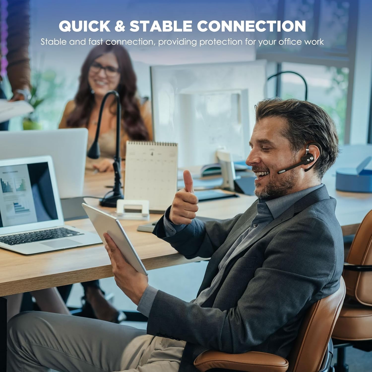 Swiifome Bluetooth Headset, V5.3 Single Ear Wireless Earpiece with Dual-Mic & Noise Canceling, with Mute for Business, Remote Work, Hand-Free headset for iOS Android Cell Phone