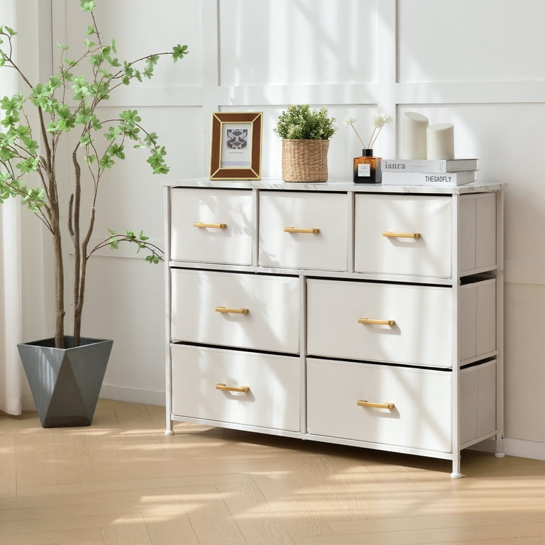 Bigroof 7 Drawer Fabric Dresser Accent White Dresser for Bedroom Chest Storage Organizer with Marbled WoodBoard and Artificial Leather for Living Room, Hallway, Entryway, Closet
