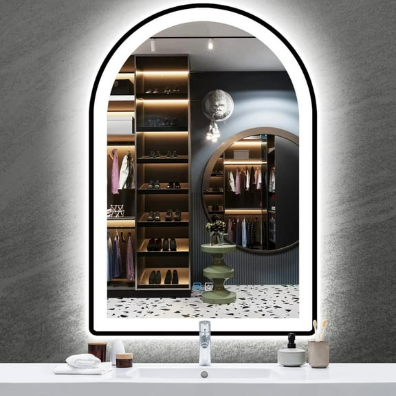 24 x 36 Inch Black Arch LED Vanity Mirror with Lights Black Frame Arched LED Mirror for Bathroom Wall Black Framed Arch Lighted Mirror 3 Color Anti Fog 36" Bathroom Arch Smart Light up Mirror