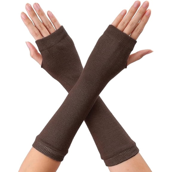 Women Unisex Classic Long Fingerless Gloves Knitted Arm Warmers Thumbhole Stretchy Gloves Coffee