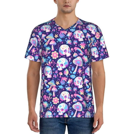 Hirioo mushroom rainbow Skull cartoon for Men s Baseball T-shirt Shirts Short Sleeve Casual Summer Button Stretch T Shirts Size S-4XL-4X-Large
