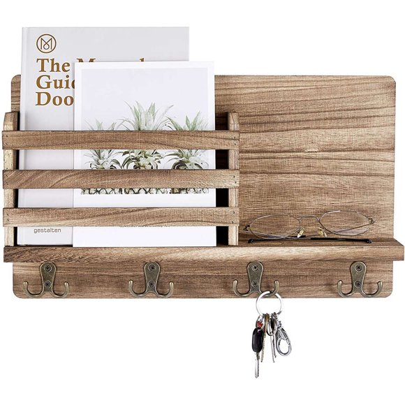 Wall Mounted Mail Holder Wooden Mail Sorter Organizer,with 4 Double Key Hooks Home Decoration,for Entrance or Mud Room