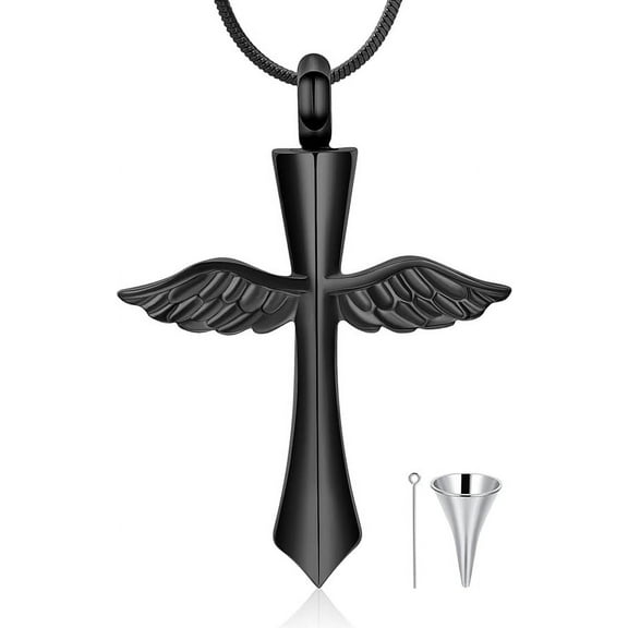 Angel Wings Cross Urn Necklace Cremation Jewelry for Ashes Stainless Steel Cross Urn Keepsake Memorial Urn Pendant Necklace