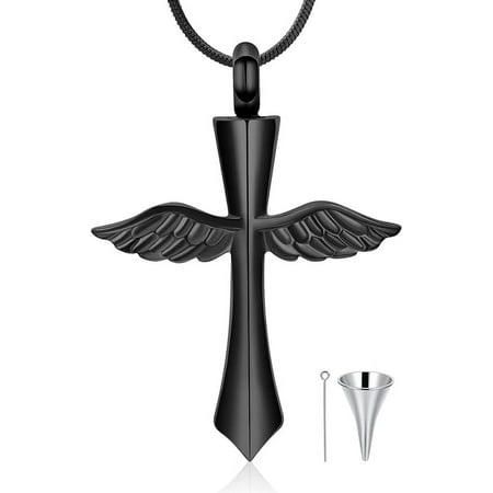 Angel Wings Cross Urn Necklace Cremation Jewelry for Ashes Stainless Steel Cross Urn Keepsake Memorial Urn Pendant Necklace